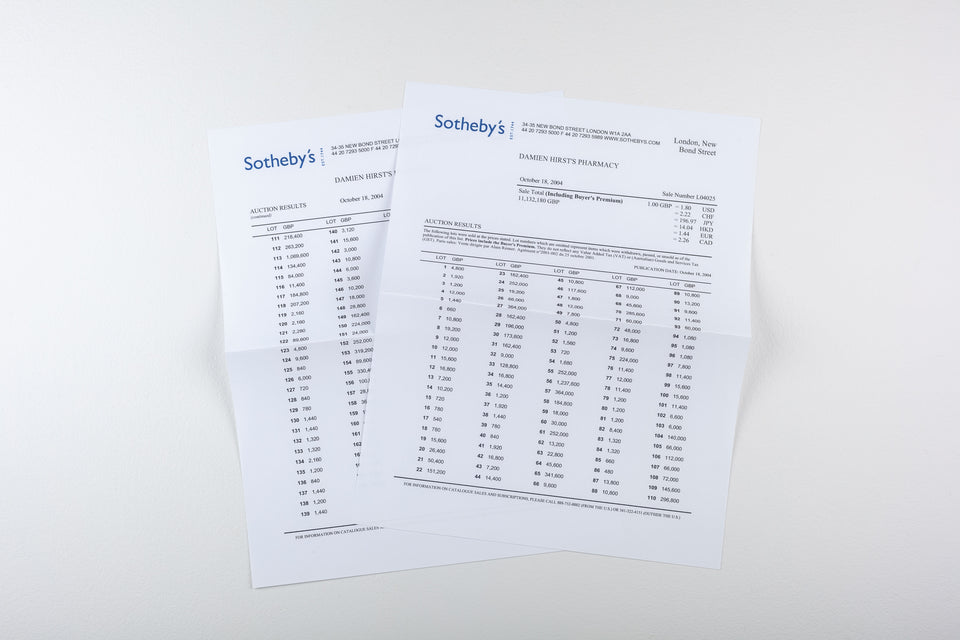 Damien Hirst Pharmacy Catalog (with stickers and results list), Sotheby's 2004