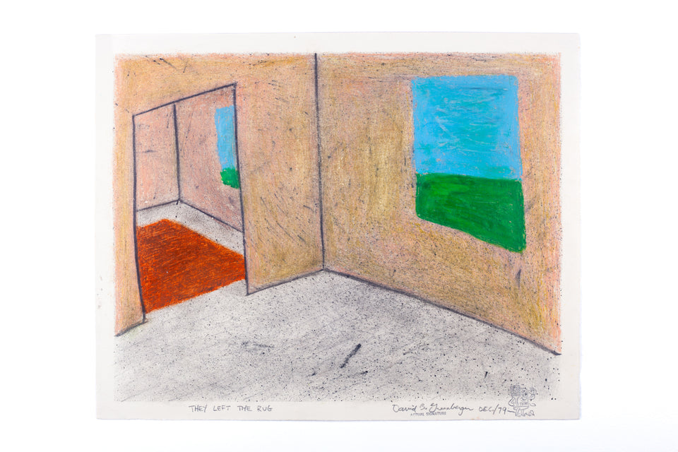 Original Oil Pastel drawing, They Left The Rug by David Greenberger, signed dated 1979