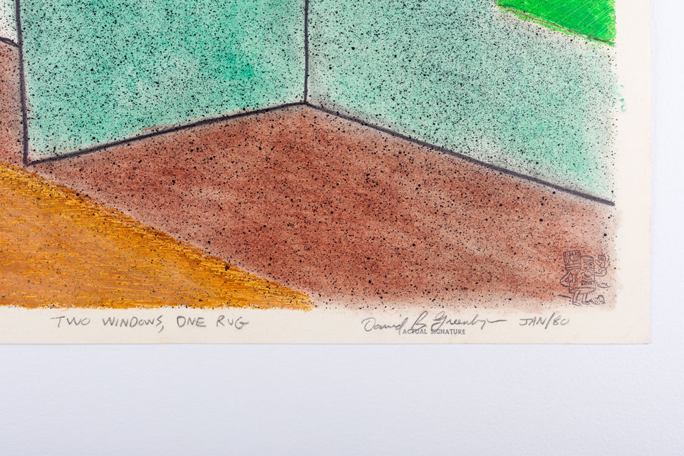 Original Oil Pastel drawing, Two Windows One Rug by David Greenberger, signed dated 1980