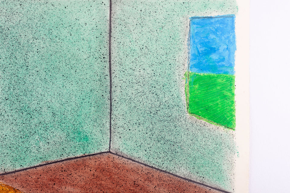 Original Oil Pastel drawing, Two Windows One Rug by David Greenberger, signed dated 1980