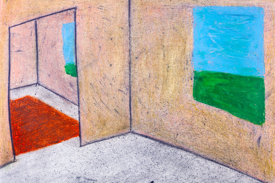 Original Oil Pastel drawing, They Left The Rug by David Greenberger, signed dated 1979