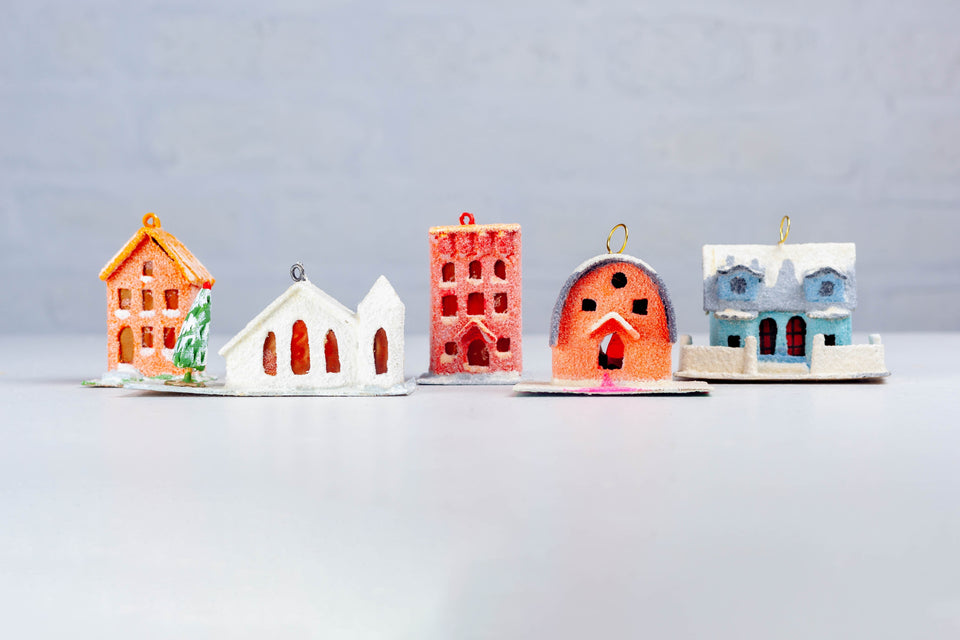 Snowy 1970s Cherry Red Building, Tree Ornament by Jason Sargenti