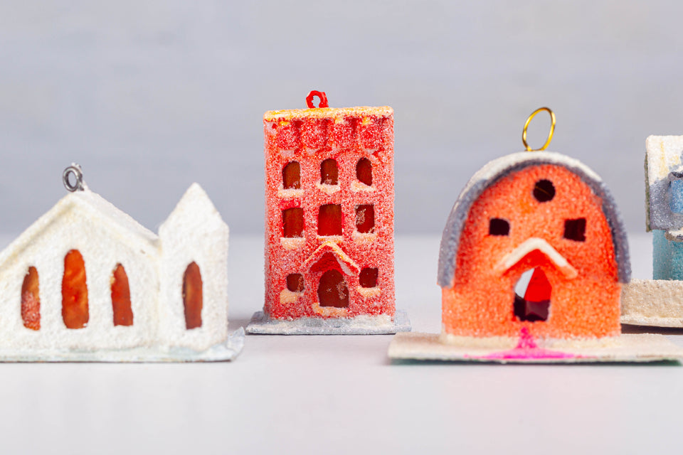 Snowy 1970s Cherry Red Building, Tree Ornament by Jason Sargenti