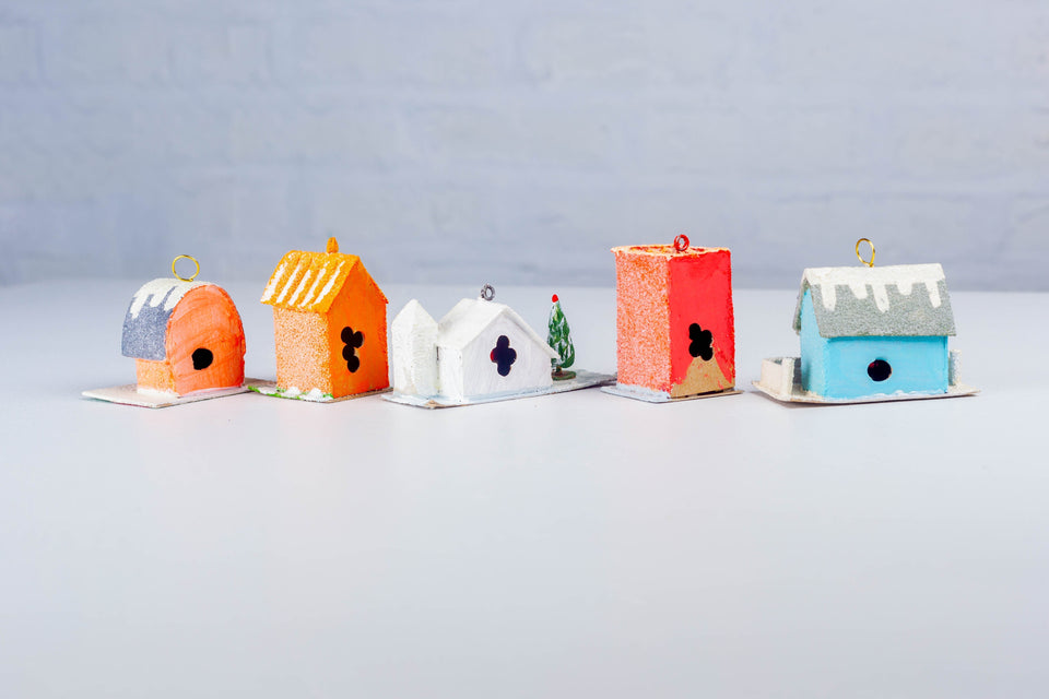 Snowy 1970s Blue House, Tree Ornament by Jason Sargenti