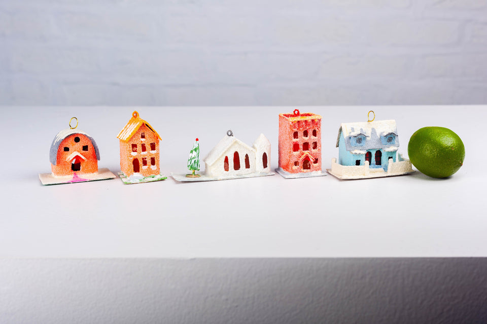 Snowy 1970s Cherry Red Building, Tree Ornament by Jason Sargenti