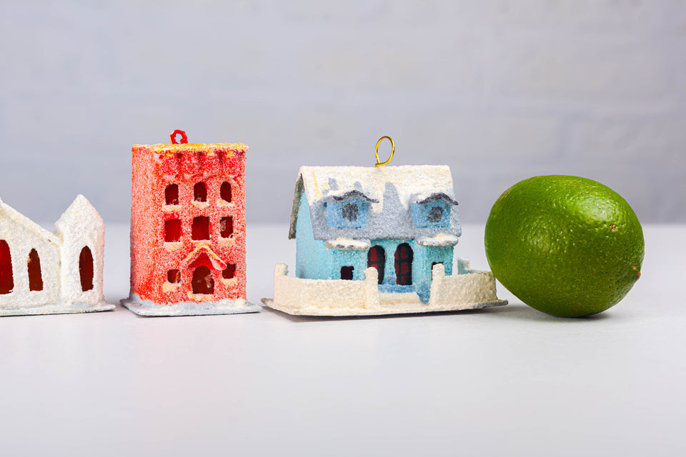 Snowy 1970s Cherry Red Building, Tree Ornament by Jason Sargenti