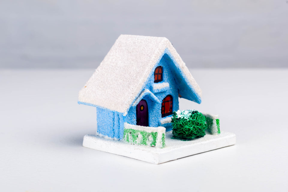 1930s Blue Snowy House with chimney, Putz House by Jason Sargenti 2020