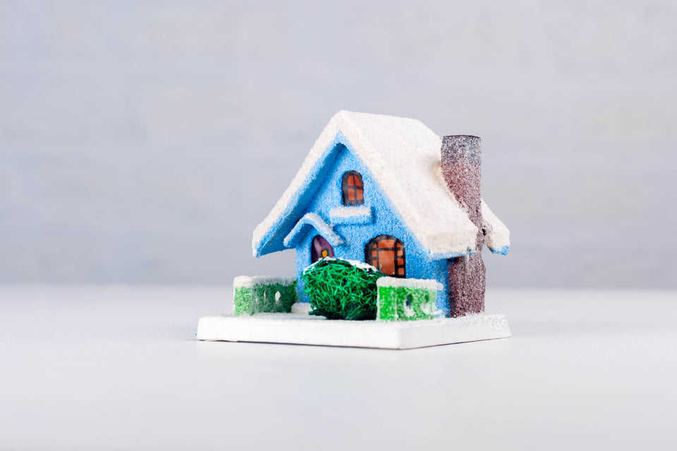 1930s Blue Snowy House with chimney, Putz House by Jason Sargenti 2020
