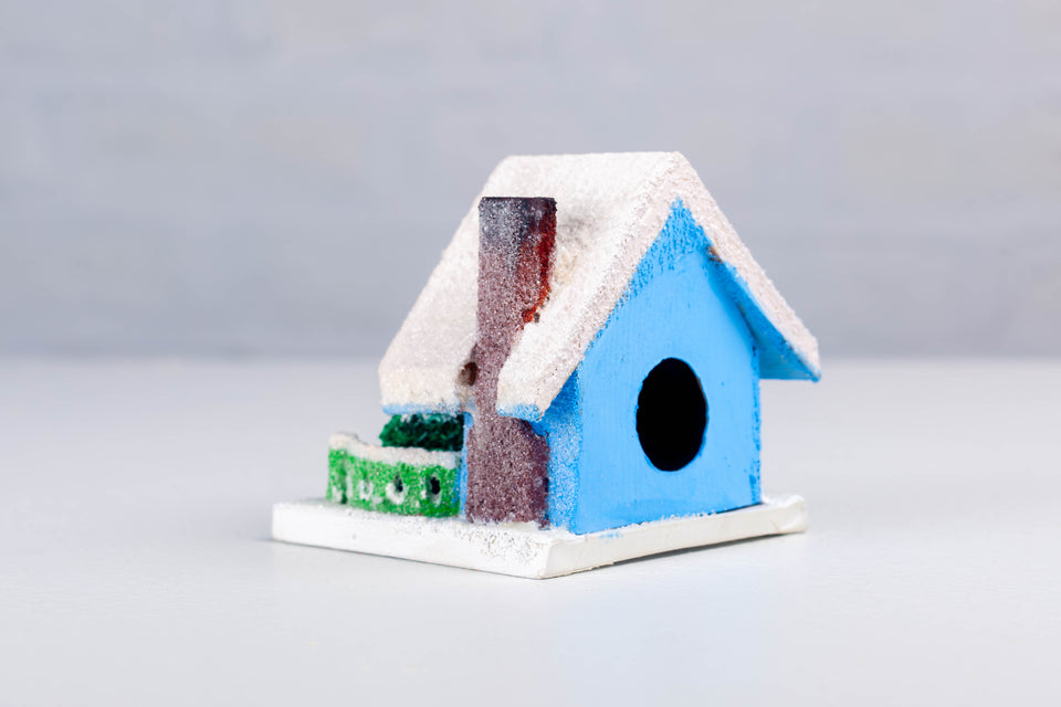 1930s Blue Snowy House with chimney, Putz House by Jason Sargenti 2020