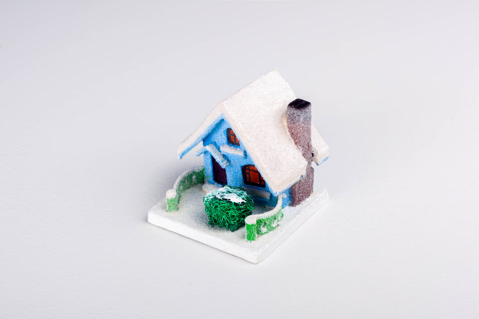 1930s Blue Snowy House with chimney, Putz House by Jason Sargenti 2020