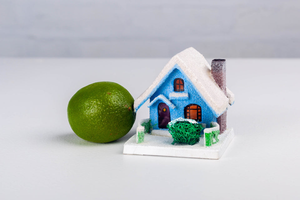 1930s Blue Snowy House with chimney, Putz House by Jason Sargenti 2020