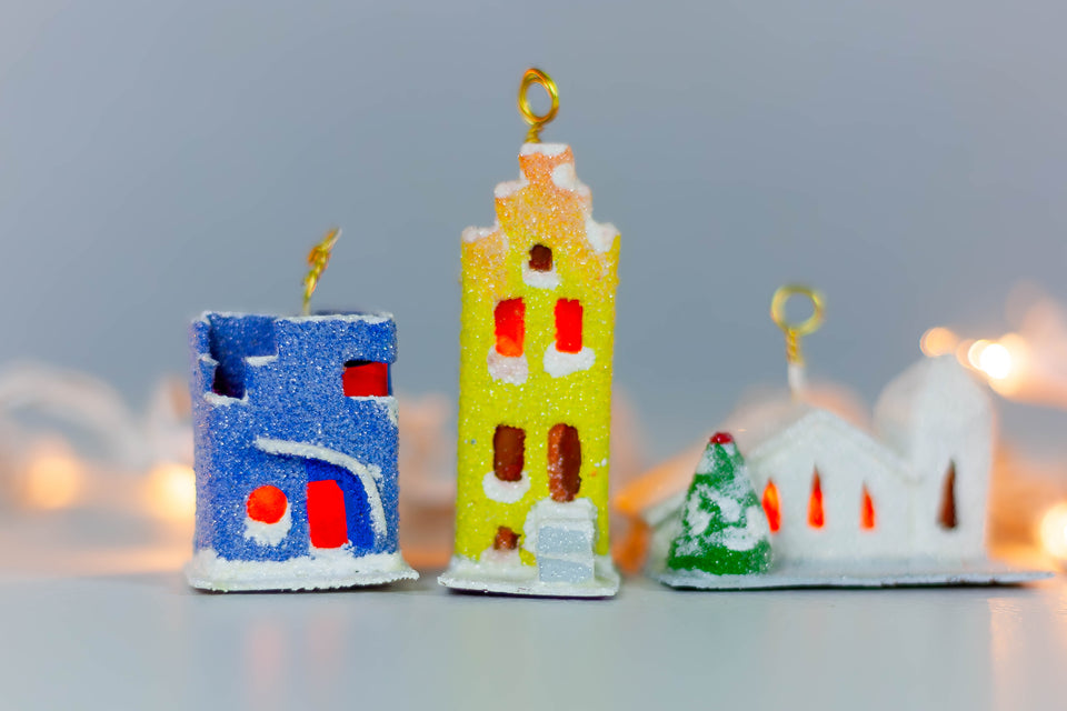 Snowy 1970s Yellow Building, Tree Ornament by Jason Sargenti