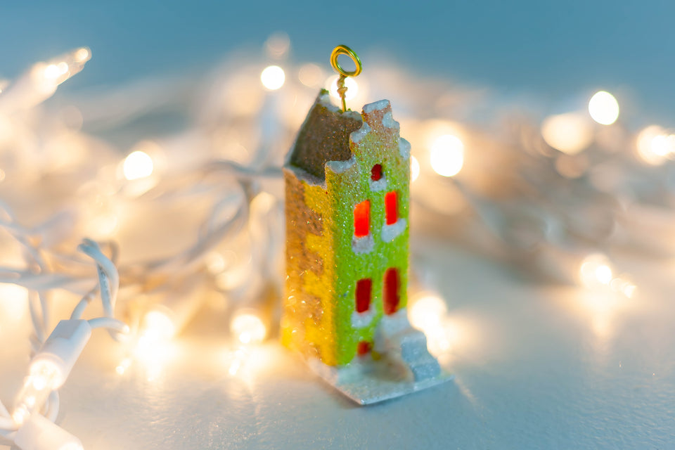 Snowy 1970s Yellow Building, Tree Ornament by Jason Sargenti