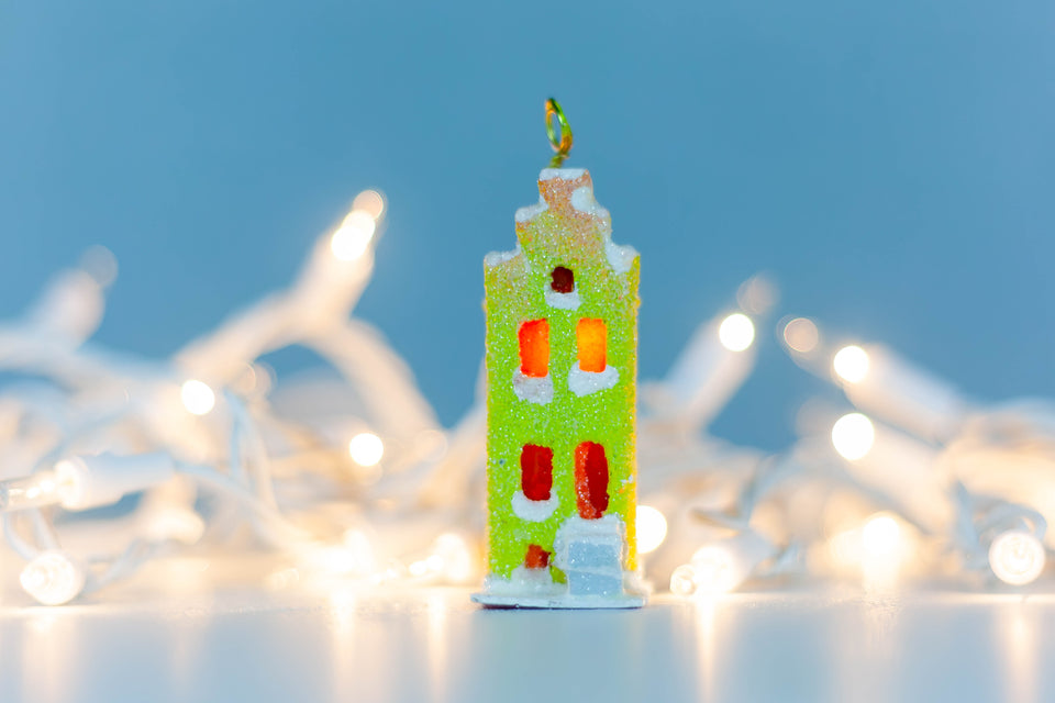 Snowy 1970s Yellow Building, Tree Ornament by Jason Sargenti