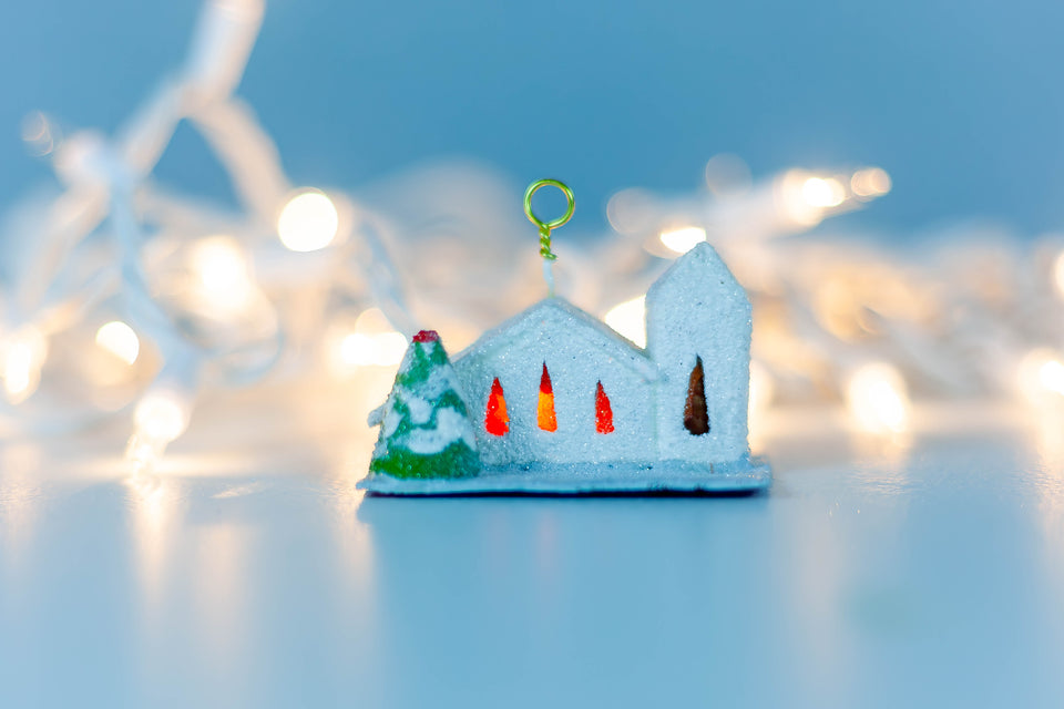 Snowy 1970s Church with Tree, Tree Ornament by Jason Sargenti