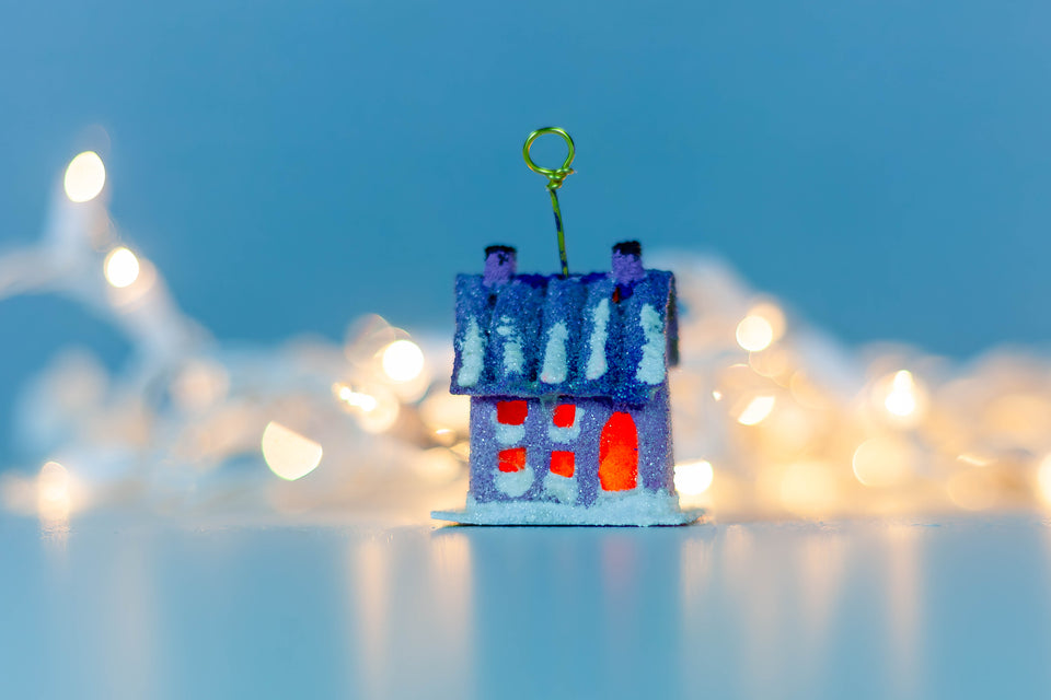 Snowy 1970s Purple House, Tree Ornament by Jason Sargenti