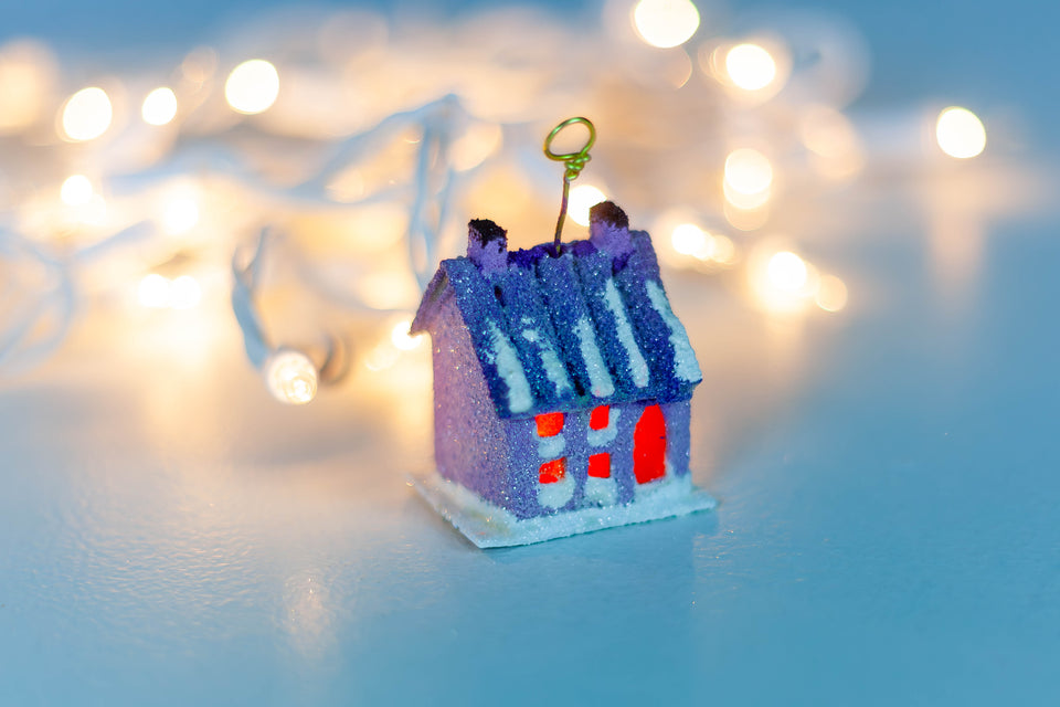 Snowy 1970s Purple House, Tree Ornament by Jason Sargenti