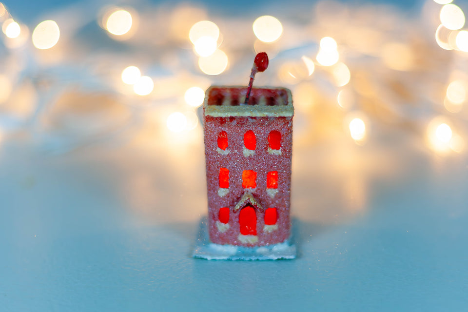 Snowy 1970s Cherry Red Building, Tree Ornament by Jason Sargenti