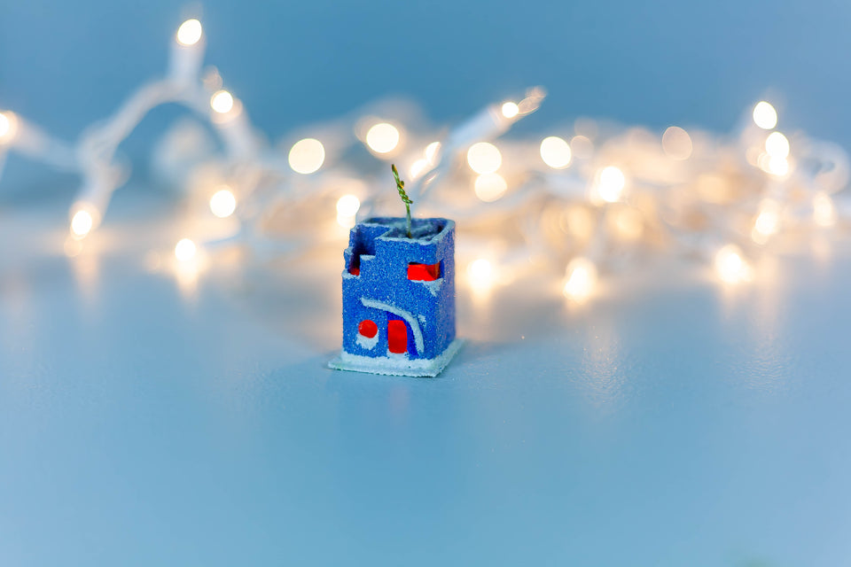 Snowy 1970s Blue Artist House, Tree Ornament by Jason Sargenti