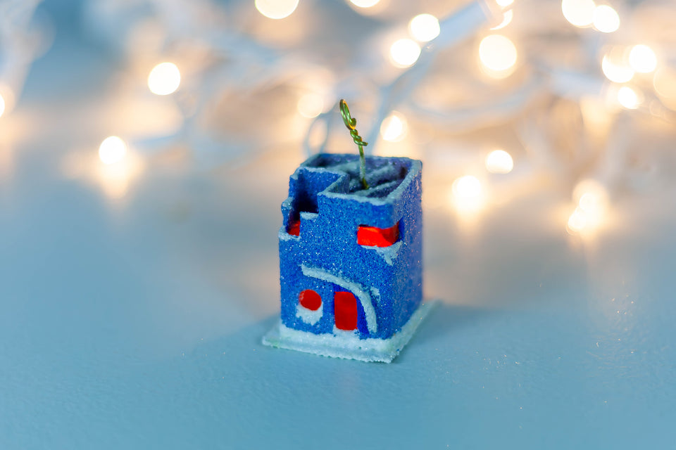 Snowy 1970s Blue Artist House, Tree Ornament by Jason Sargenti