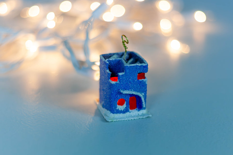 Snowy 1970s Blue Artist House, Tree Ornament by Jason Sargenti