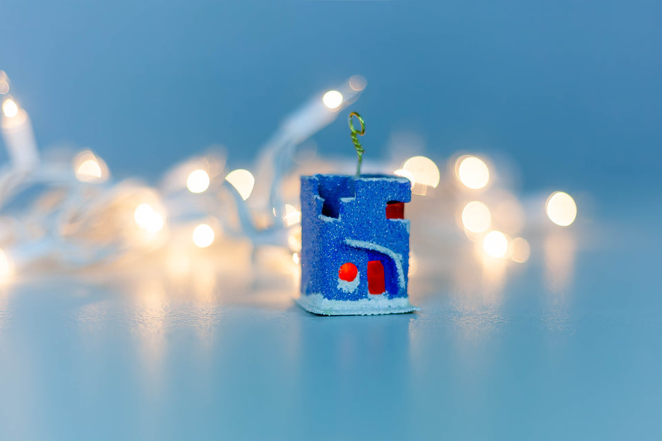 Snowy 1970s Blue Artist House, Tree Ornament by Jason Sargenti