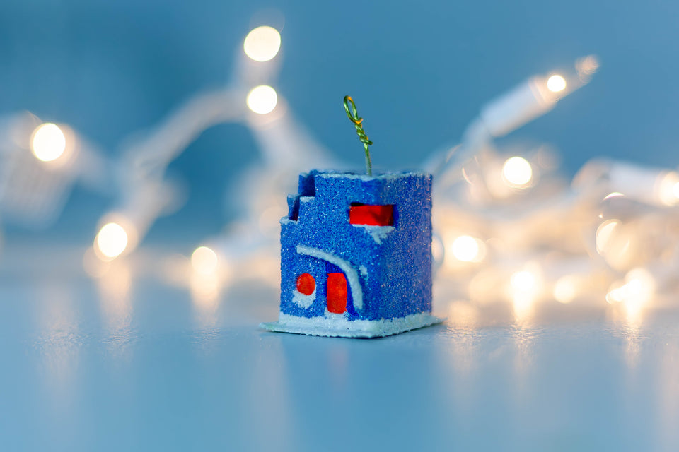 Snowy 1970s Blue Artist House, Tree Ornament by Jason Sargenti