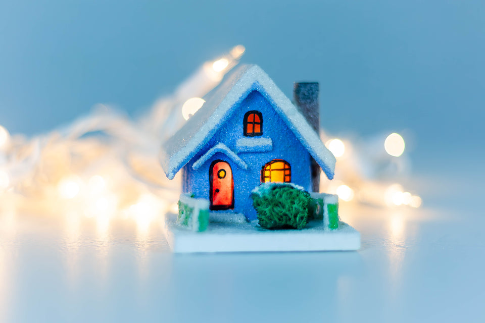 1930s Blue Snowy House with chimney, Putz House by Jason Sargenti 2020