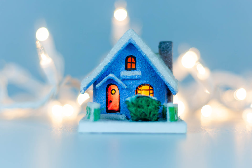 1930s Blue Snowy House with chimney, Putz House by Jason Sargenti 2020