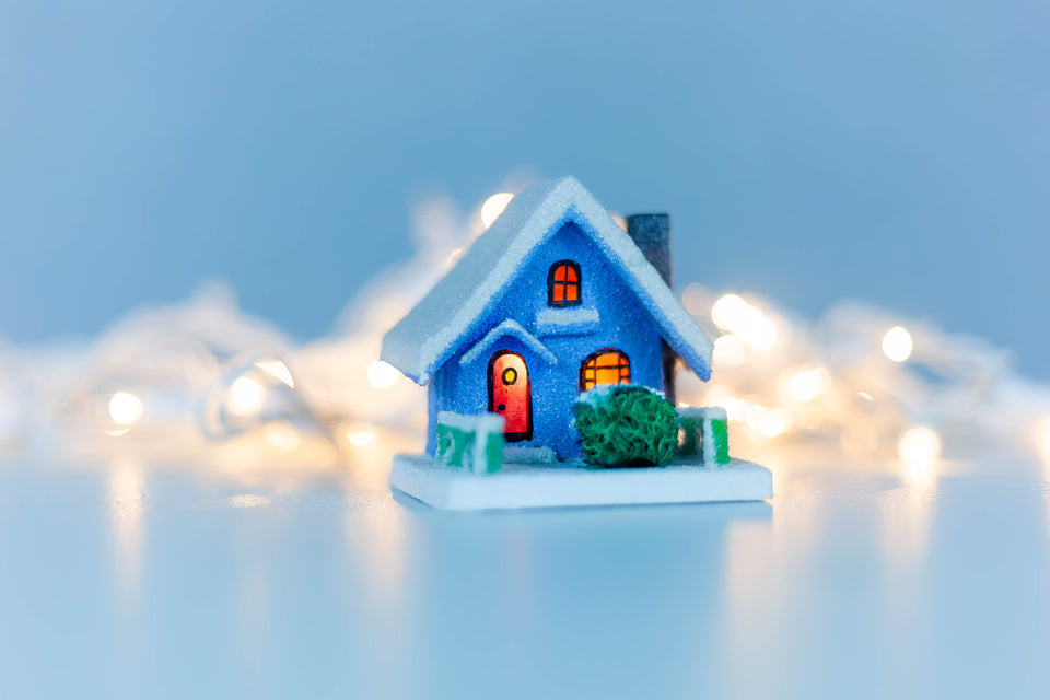 1930s Blue Snowy House with chimney, Putz House by Jason Sargenti 2020