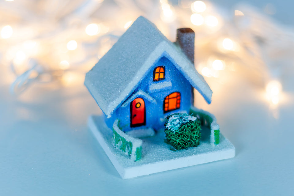 1930s Blue Snowy House with chimney, Putz House by Jason Sargenti 2020