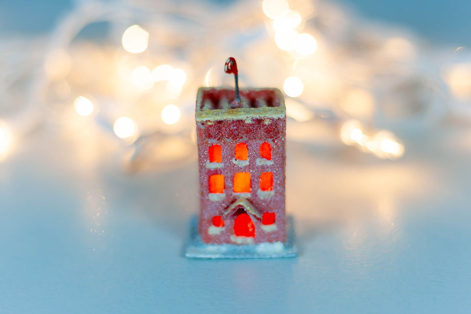 Snowy 1970s Cherry Red Building, Tree Ornament by Jason Sargenti