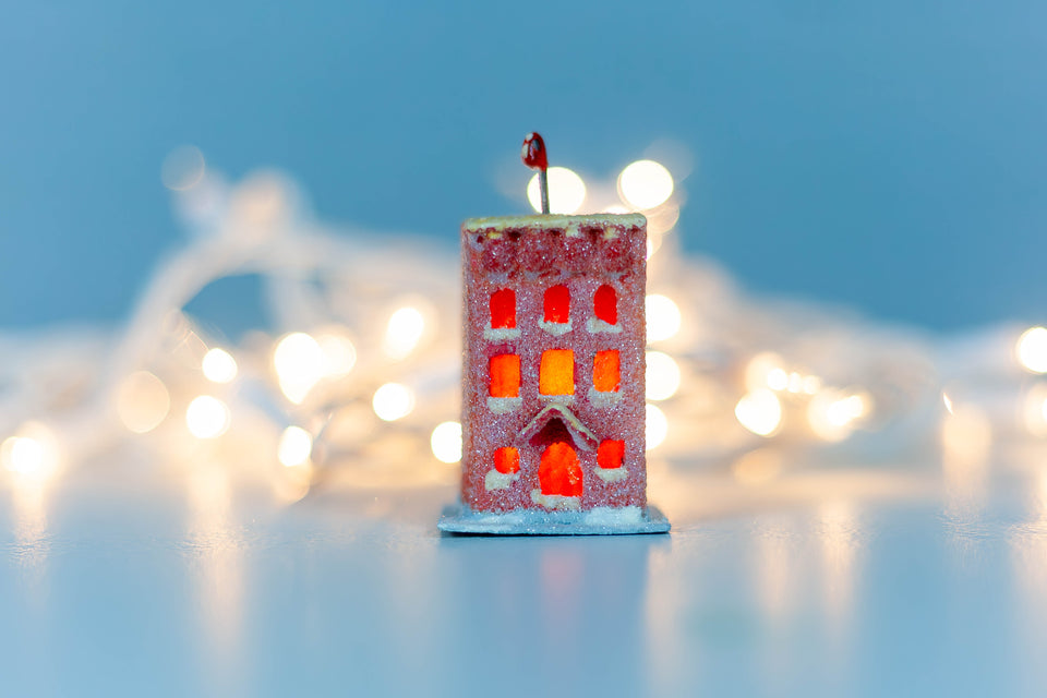Snowy 1970s Cherry Red Building, Tree Ornament by Jason Sargenti