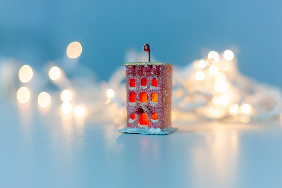 Snowy 1970s Cherry Red Building, Tree Ornament by Jason Sargenti
