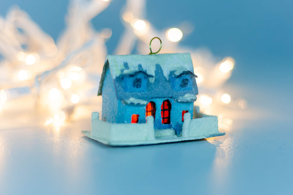 Snowy 1970s Blue House, Tree Ornament by Jason Sargenti
