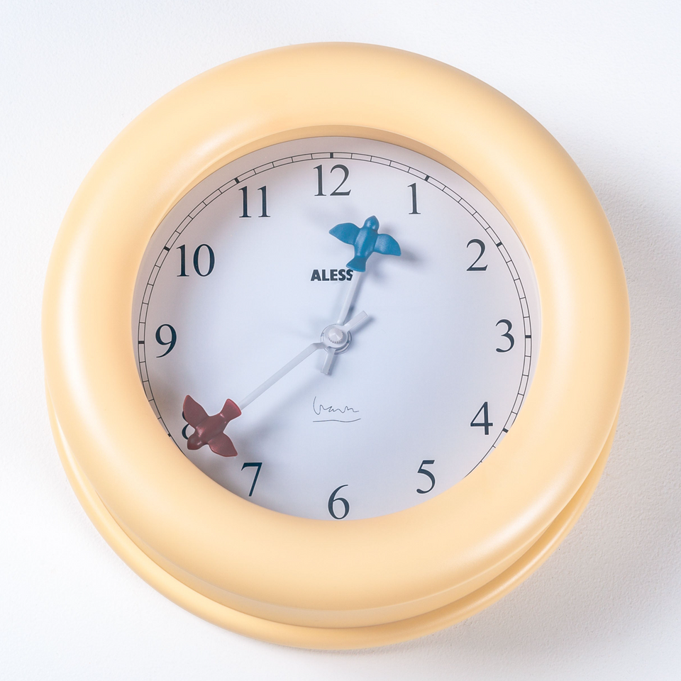 Wall Clock with 2 birds by Michael Graves for Alessi, 1992 Italy (cream beige ivory)