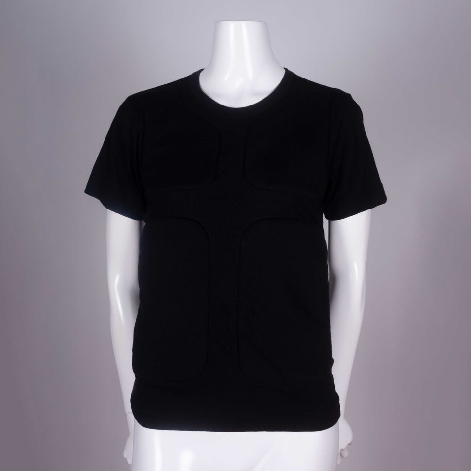 Comme des Garçons 2016 black crew neck tee from Japan with four sections of padding on the front chest and torso.
