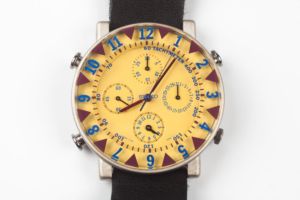 Seiko Sottsass first edition Japanese wristwatch in yellow and red. 