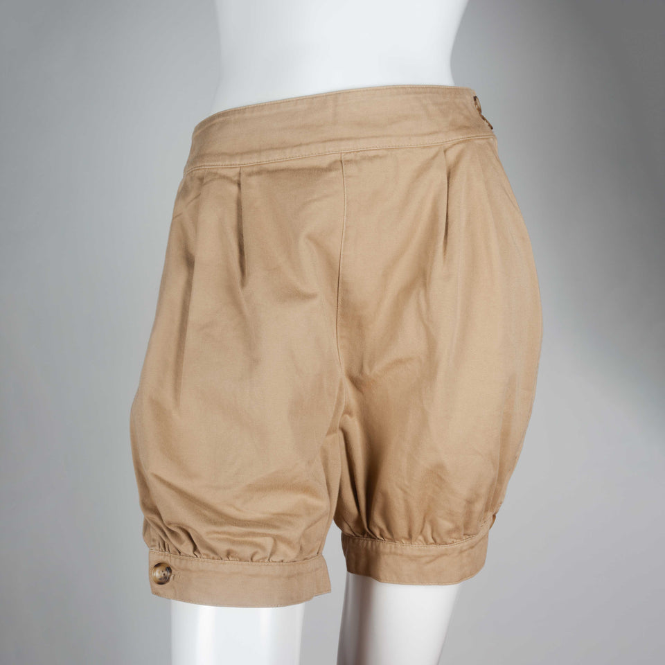 Junya Watanabe x Comme des Garçons, beige shorts from Japan with tapered, button hem and a ballooning fit to the fabric around hips and thighs. 