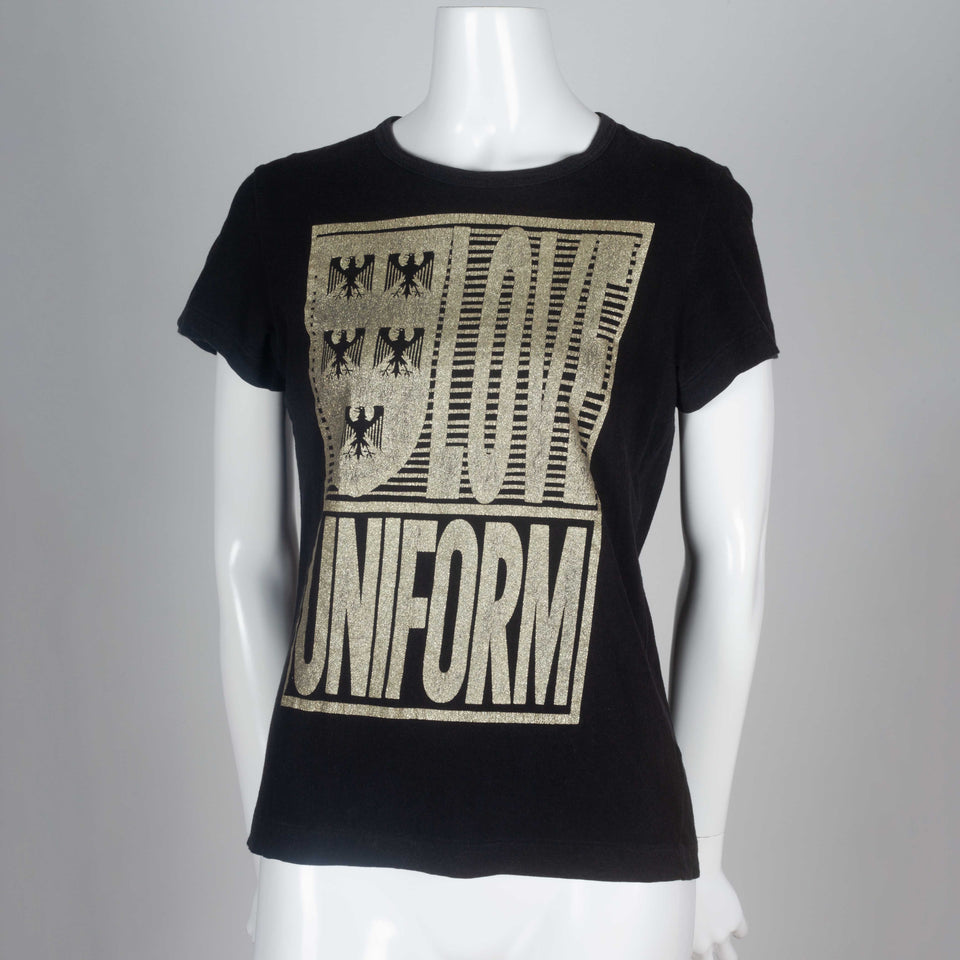 Comme des Garçons x Tao 2008, a black short sleeve tee shirt from Japan with sparkling gold screen print and the words "Love Uniform."