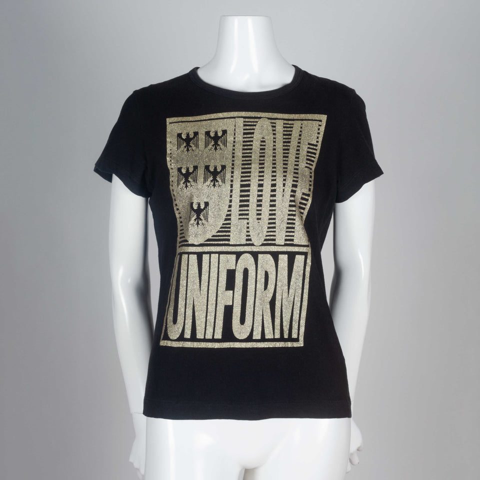 Comme des Garçons x Tao 2008, a black short sleeve tee shirt from Japan with sparkling gold screen print and the words "Love Uniform."