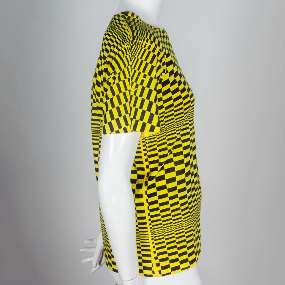 Comme des Garçons 2000 archive from Japan, a neon yellow and black, screen-printed, checker patterned cotton t-shirt.