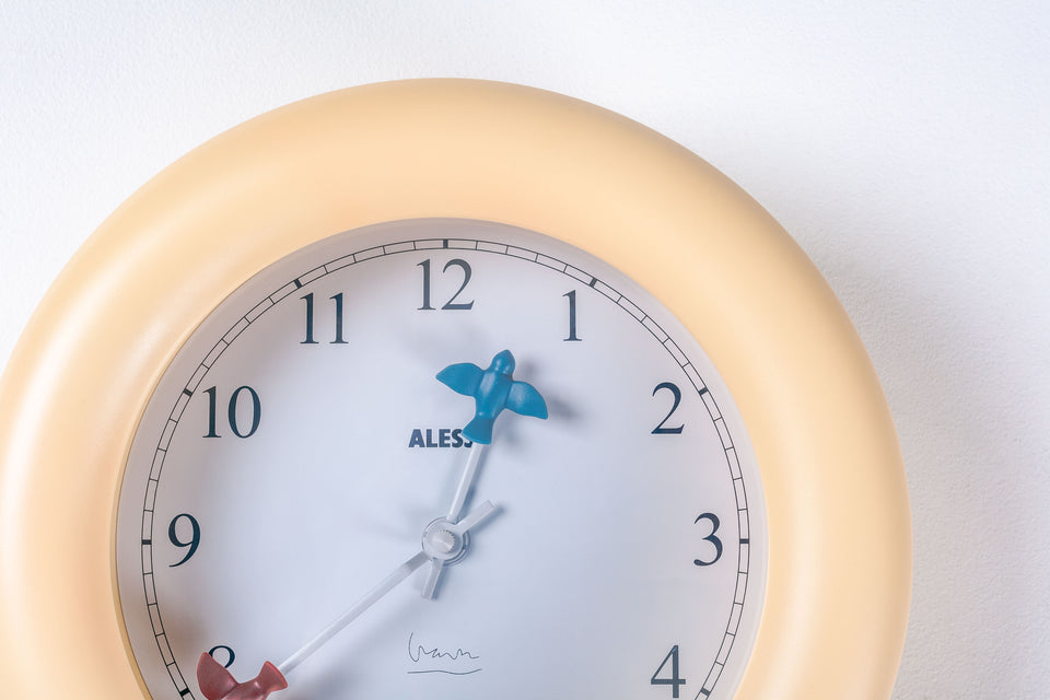 Wall Clock with 2 birds by Michael Graves for Alessi, 1992 Italy (cream beige ivory)
