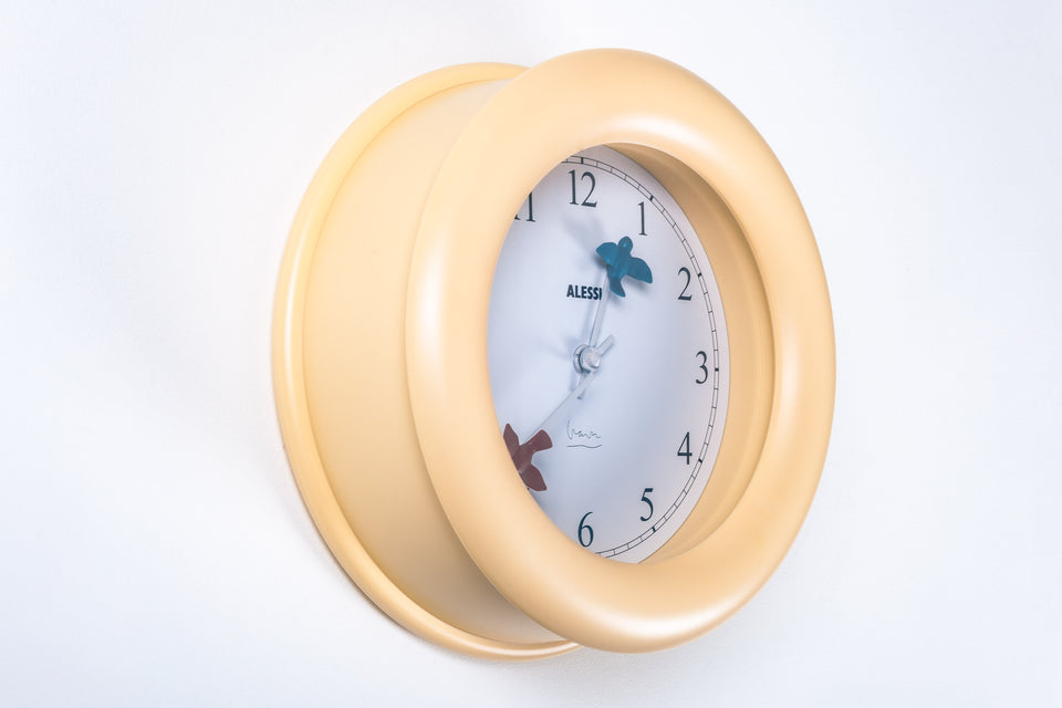 Wall Clock with 2 birds by Michael Graves for Alessi, 1992 Italy (cream beige ivory)