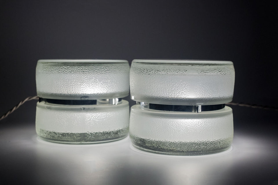 Pair of vintage Fontana Arte YoYo lamps made of pressed glass, circa 1971.